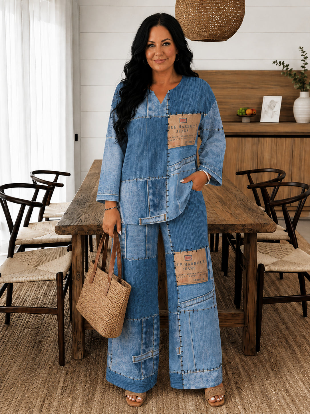 Plus Size Faux-Denim Patchwork Two-Piece Set