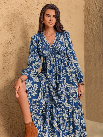 Women's Floral Boho V-Neck Long Sleeve Maxi Dress