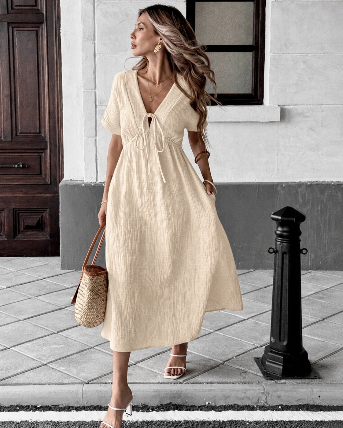 Women's Breezy Cotton V-Neck Midi Dress with Pockets
