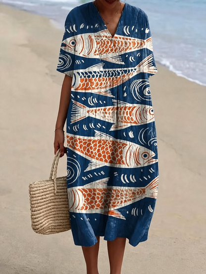 🐟 V-Neck Sardine Print Beach Dress
