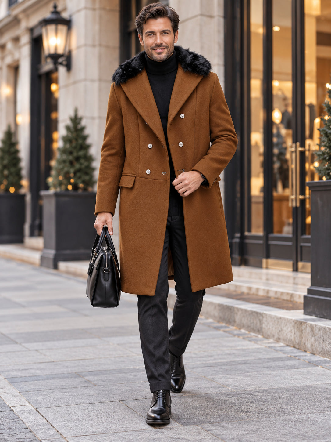 Men's Double-Breasted Faux Fur Collar Coat