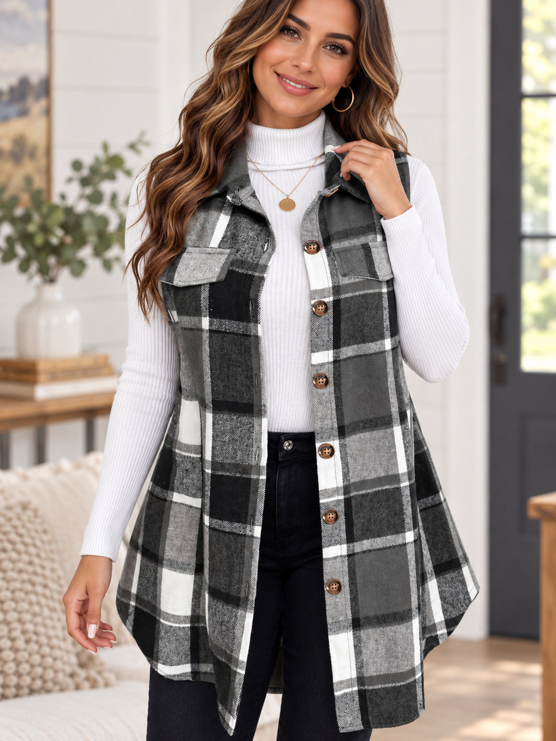 Women’s Plaid Longline Button-Front Vest