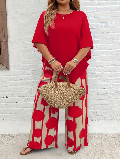 💃 Plus Size Vacation Casual Shirt & Print Pants Set