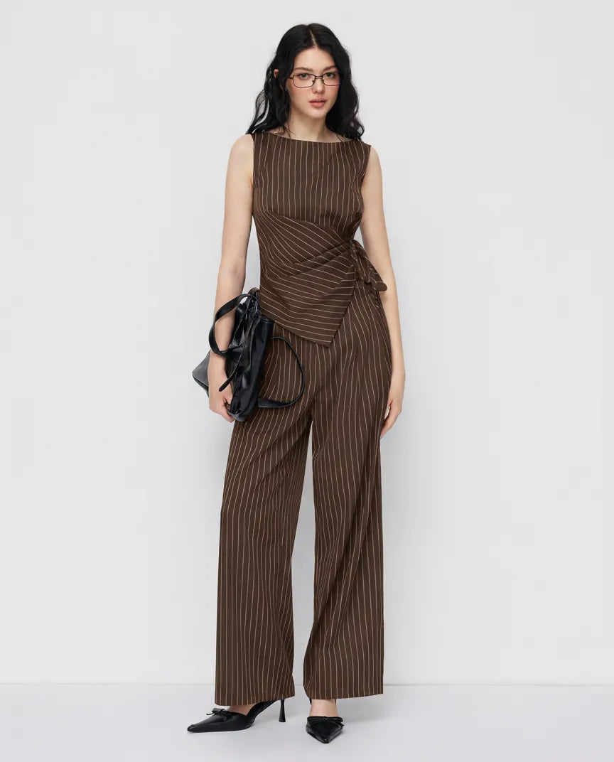 2-Piece Striped Wrap Top & Straight-Leg Trousers Set