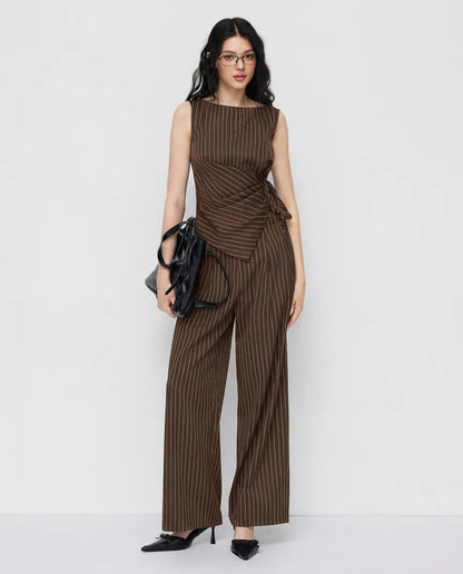 2-Piece Striped Wrap Top & Straight-Leg Trousers Set