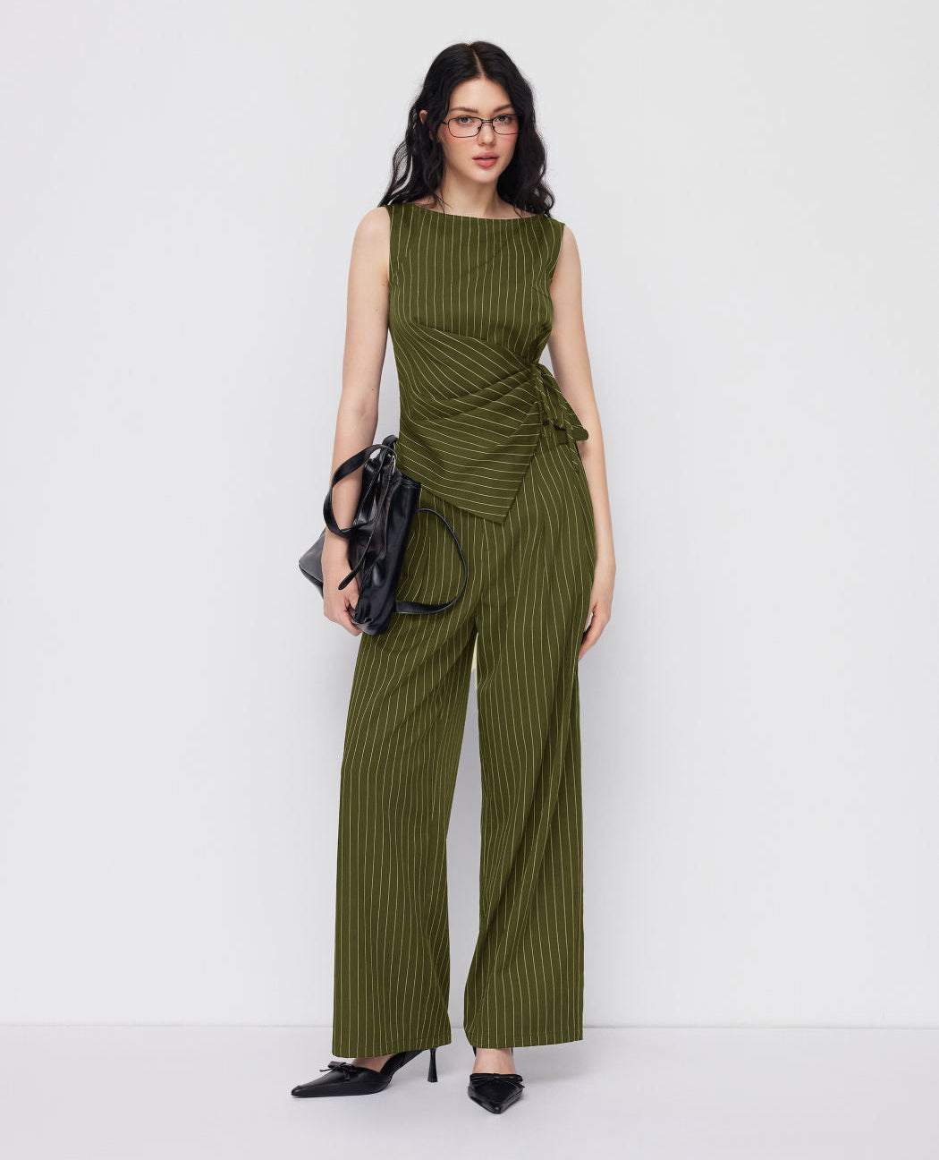 2-Piece Striped Wrap Top & Straight-Leg Trousers Set