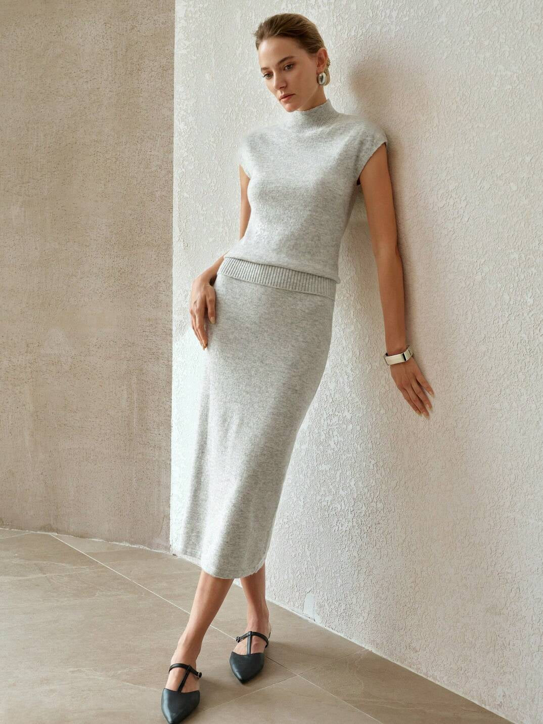 Women's Minimalist High-Neck Knit Top & Midi Skirt Set