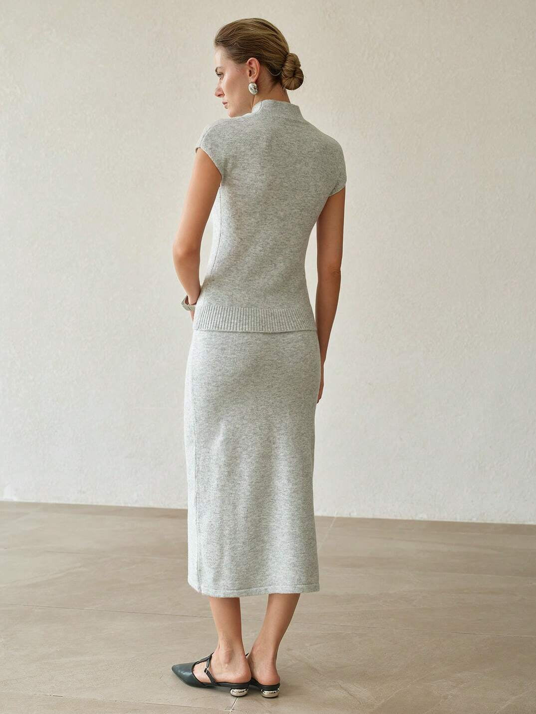 Women's Minimalist High-Neck Knit Top & Midi Skirt Set