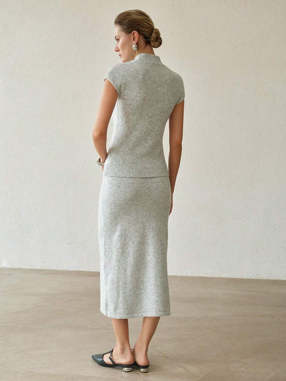 Women's Minimalist High-Neck Knit Top & Midi Skirt Set