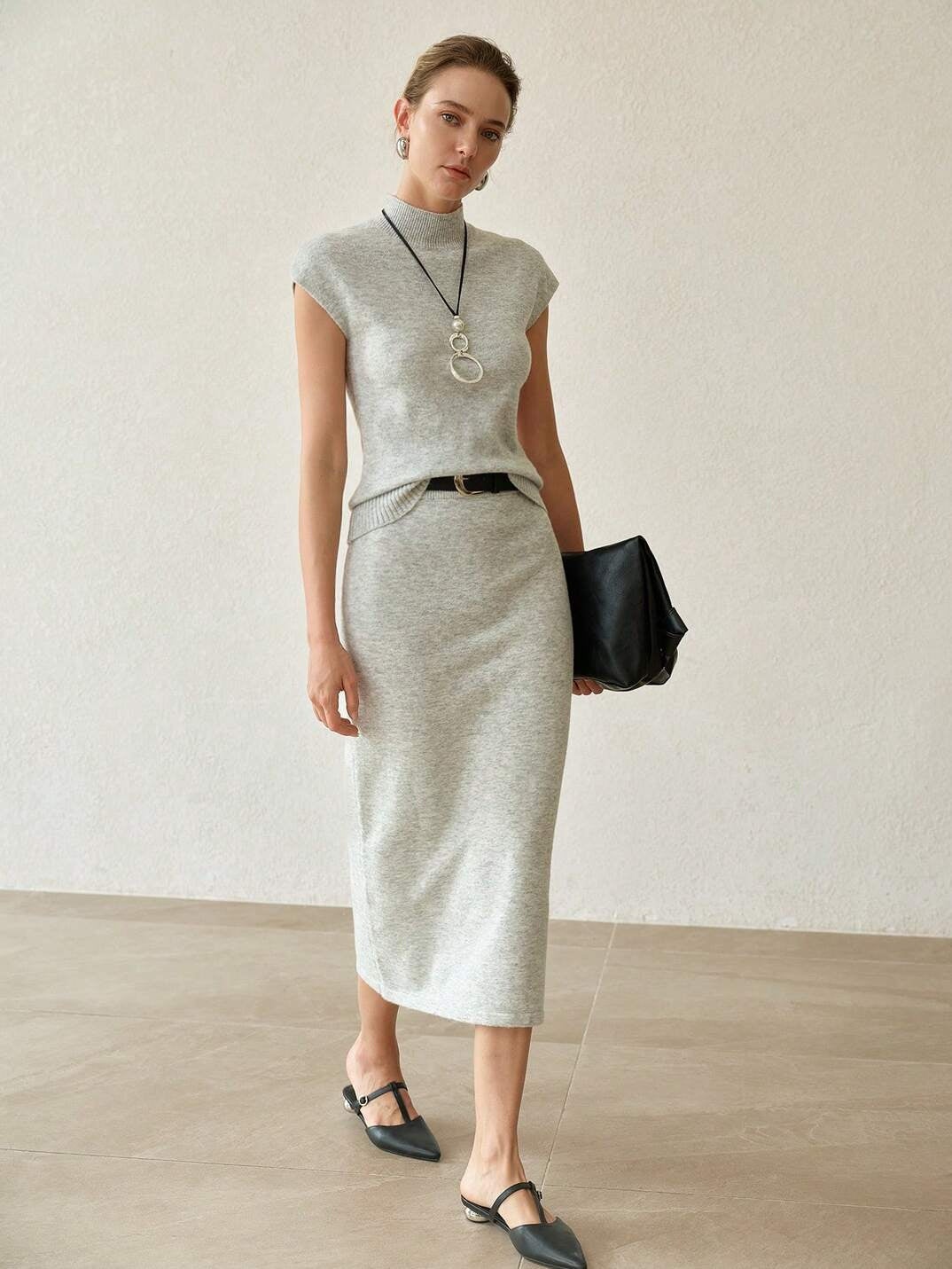 Women's Minimalist High-Neck Knit Top & Midi Skirt Set