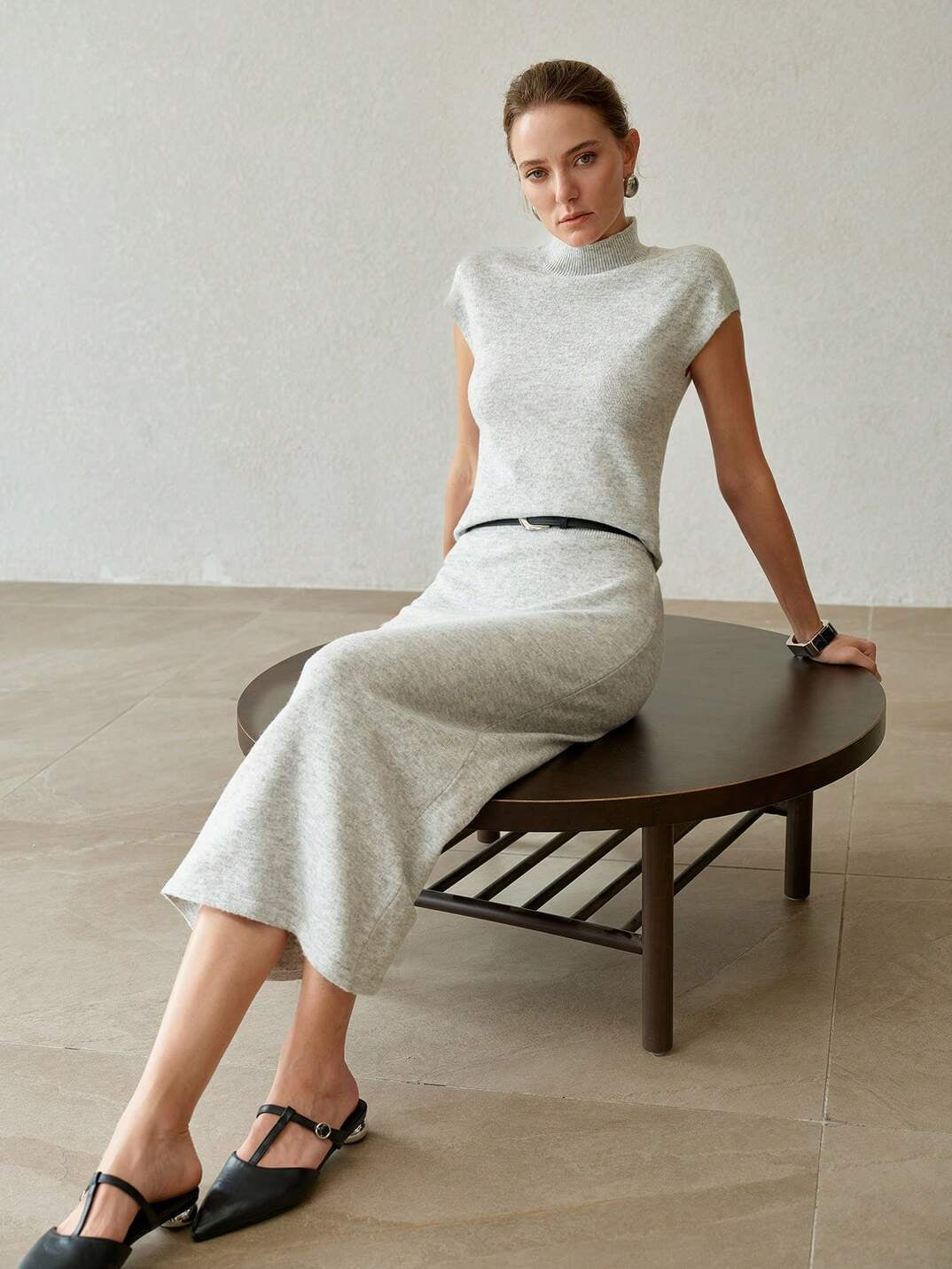 Women's Minimalist High-Neck Knit Top & Midi Skirt Set