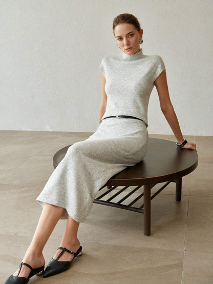 Women's Minimalist High-Neck Knit Top & Midi Skirt Set