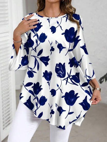 Chic Plus Size Floral Printed Round Neck Top