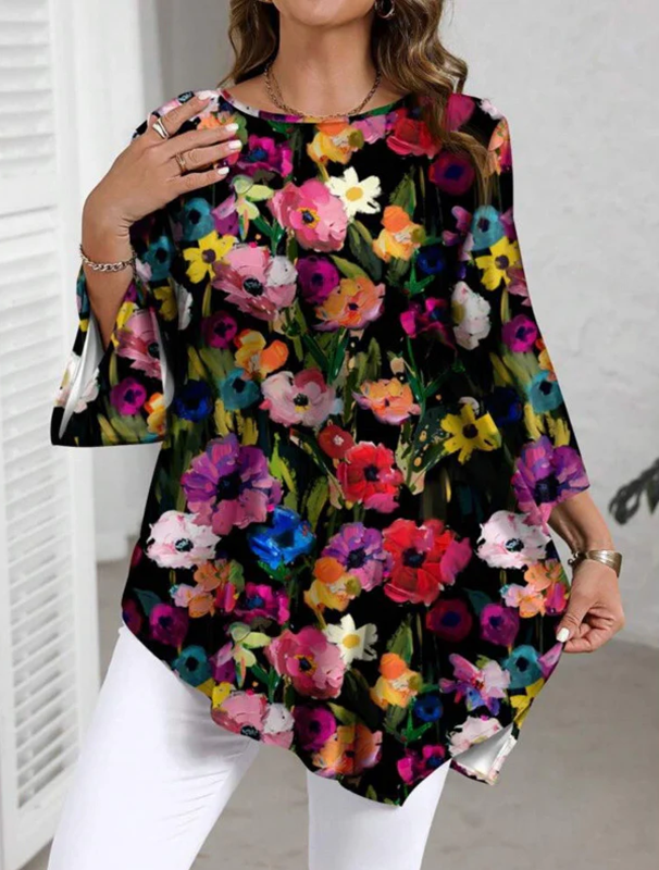 Chic Plus Size Floral Printed Round Neck Top