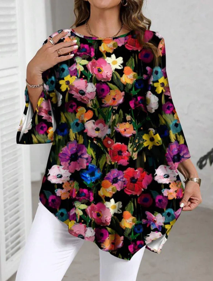 Chic Plus Size Floral Printed Round Neck Top