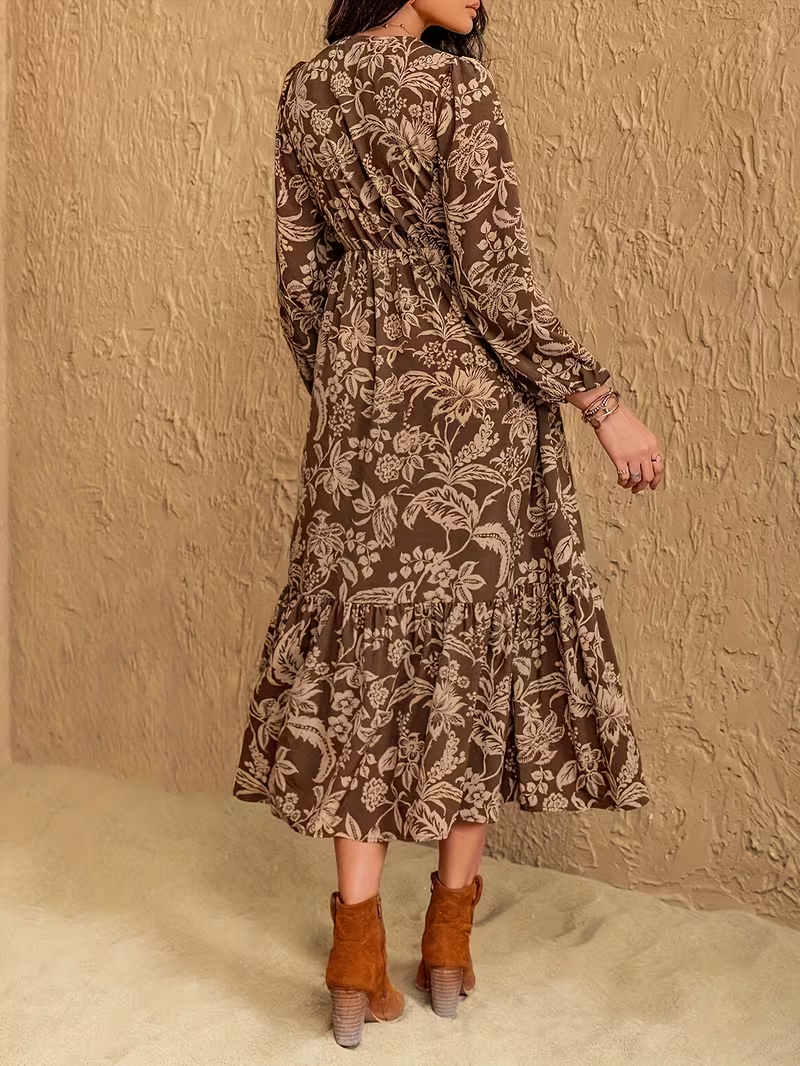 Women's Floral Boho V-Neck Long Sleeve Maxi Dress