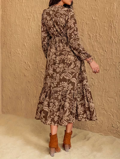 Women's Floral Boho V-Neck Long Sleeve Maxi Dress