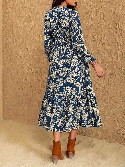 Women's Floral Boho V-Neck Long Sleeve Maxi Dress