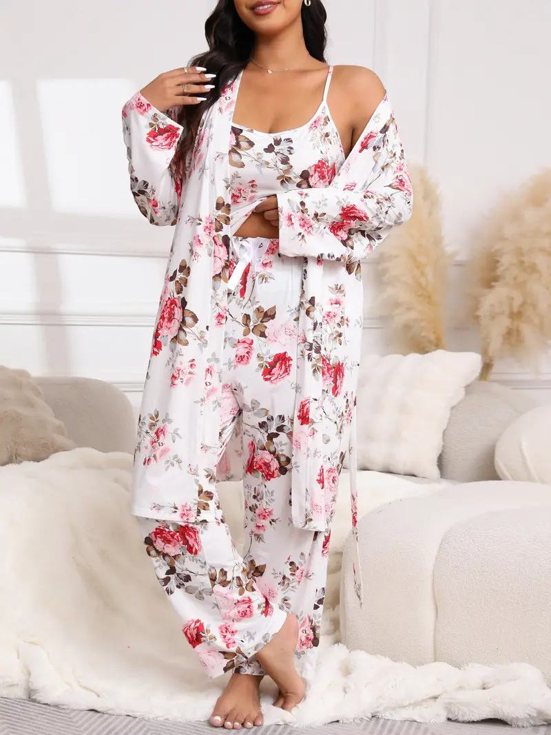 Cherry Floral 3-Piece Loungewear Set in Plus Sizes