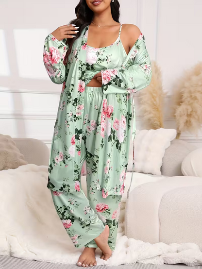 Cherry Floral 3-Piece Loungewear Set in Plus Sizes