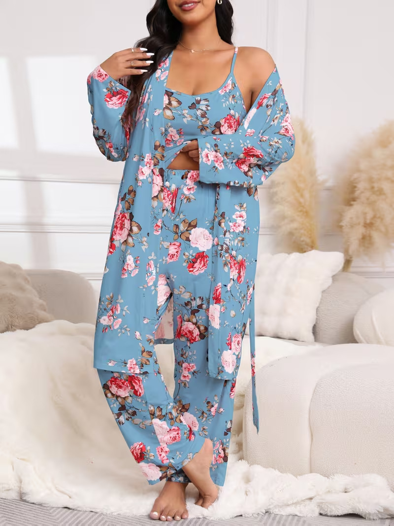 Cherry Floral 3-Piece Loungewear Set in Plus Sizes