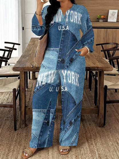 Women's Plus Size Faux Denim Patchwork Print 2-Piece