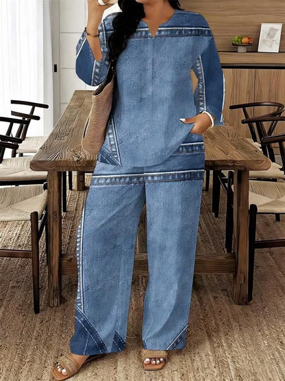 Women's Plus Size Faux Denim Patchwork Print 2-Piece