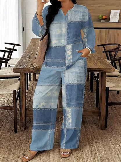 Women's Plus Size Faux Denim Patchwork Print 2-Piece
