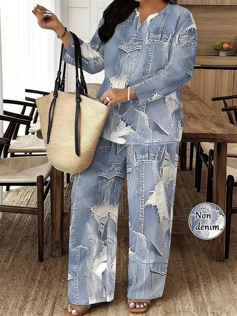 Women's Plus Size Faux Denim Patchwork Print 2-Piece
