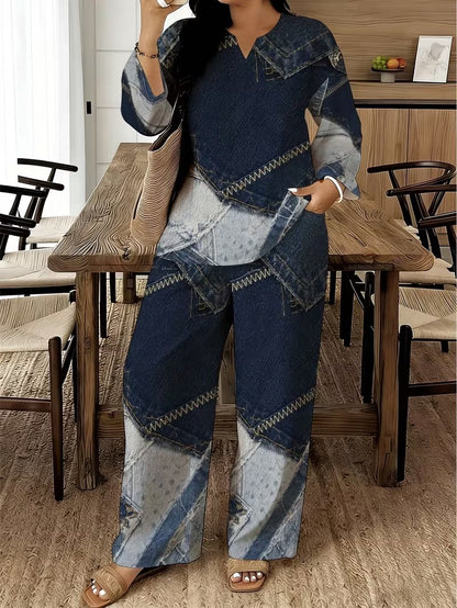 Women's Plus Size Faux Denim Patchwork Print 2-Piece