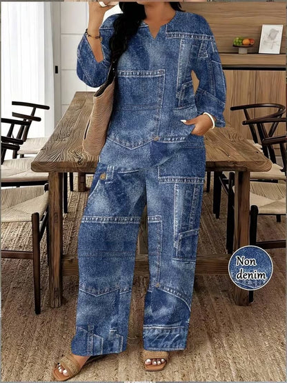 Women's Plus Size Faux Denim Patchwork Print 2-Piece