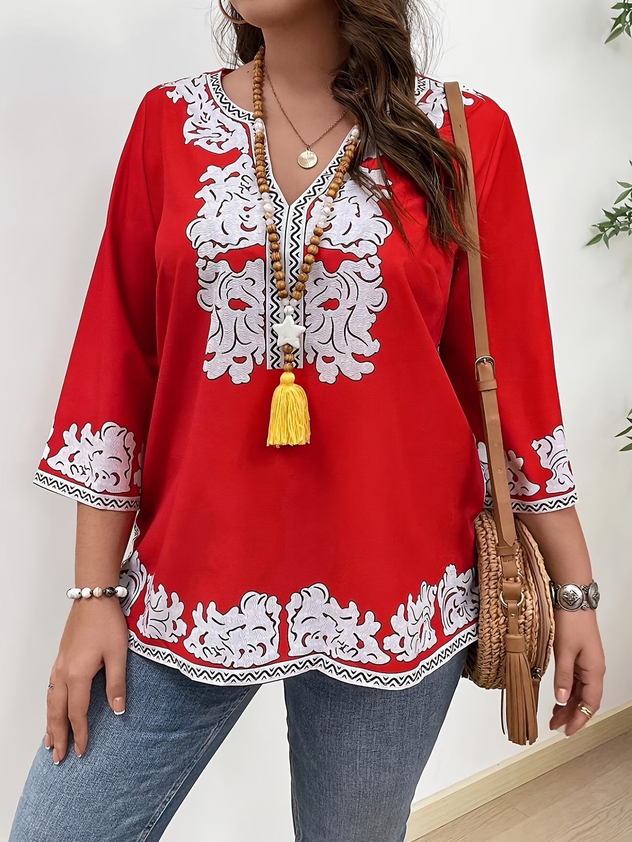 Women's Plus Size Boho Print V-Neck 3/4 Sleeve Top