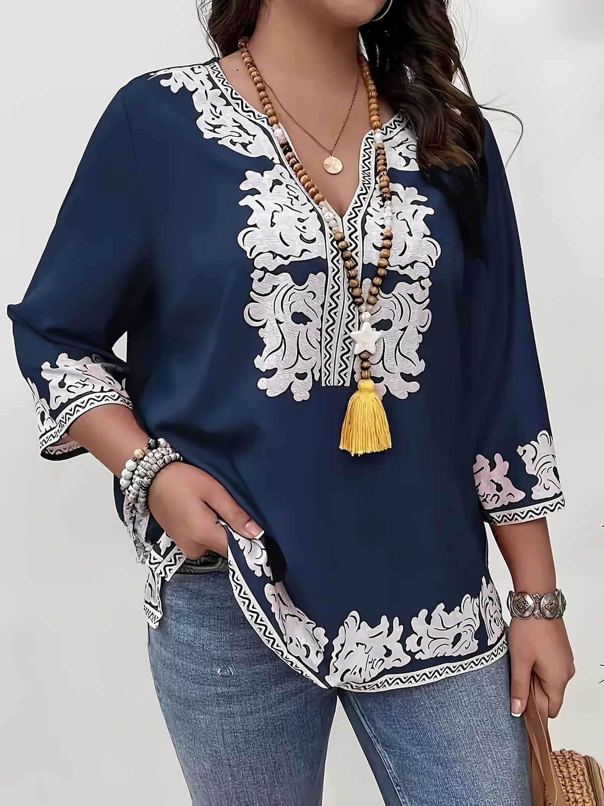 Women's Plus Size Boho Print V-Neck 3/4 Sleeve Top
