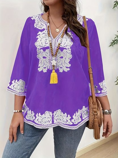 Women's Plus Size Boho Print V-Neck 3/4 Sleeve Top