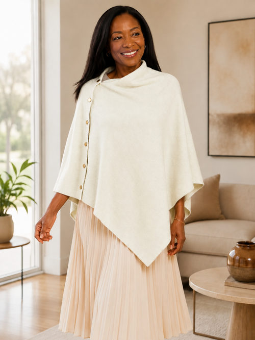 Women's Asymmetric Buttoned Knit Poncho