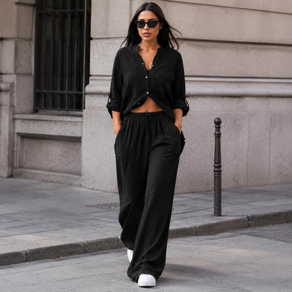 Women's Cotton Button-Up Shirt & Wide-Leg Pants Set