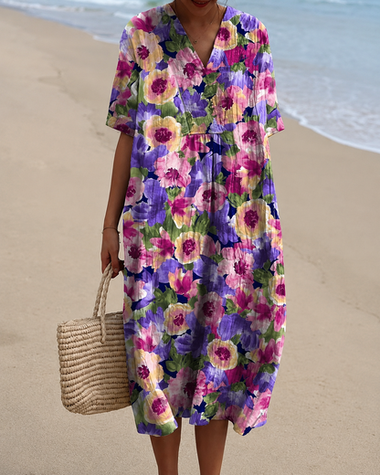 🐟 V-Neck Sardine Print Beach Dress