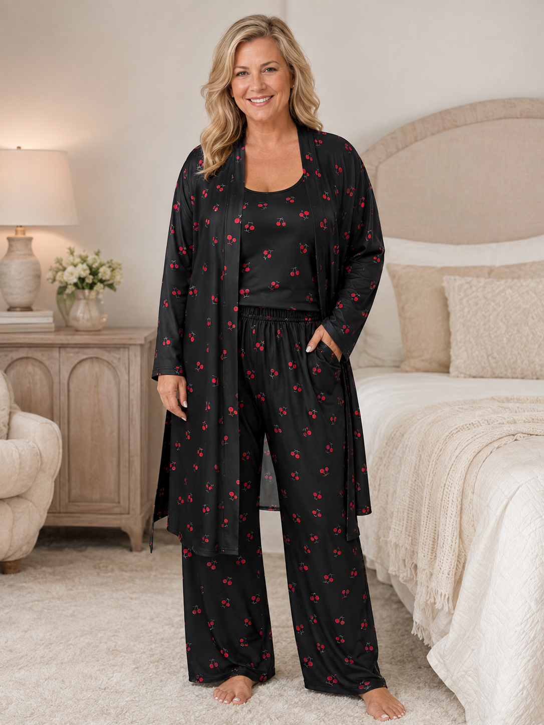 Plus Size Floral Cherry 3-Piece Sleepwear Set