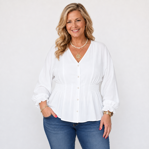 Elegant V-Neck Button-Down Smocked Waist Peplum Blouse