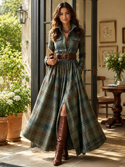 Women’s Plaid Belted Maxi Shirt Dress