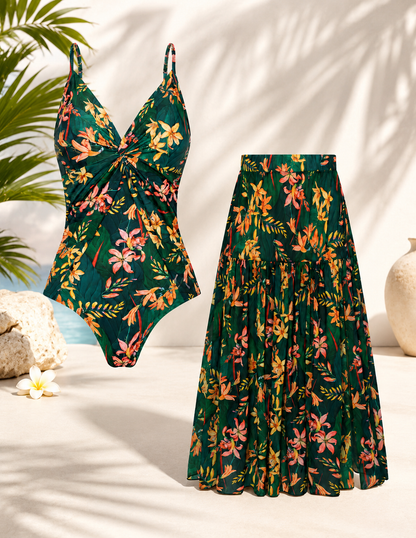 🌴 Vacation-Ready Swim Set — Flattering One-Piece with Matching Skirt, Padded & Wire-Free Comfort