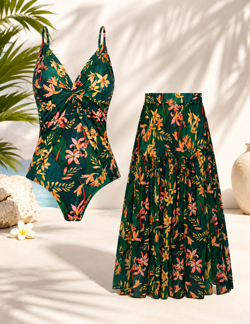 🌴 Vacation-Ready Swim Set — Flattering One-Piece with Matching Skirt, Padded & Wire-Free Comfort