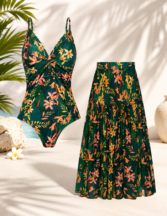 🌴 Vacation-Ready Swim Set — Flattering One-Piece with Matching Skirt, Padded & Wire-Free Comfort