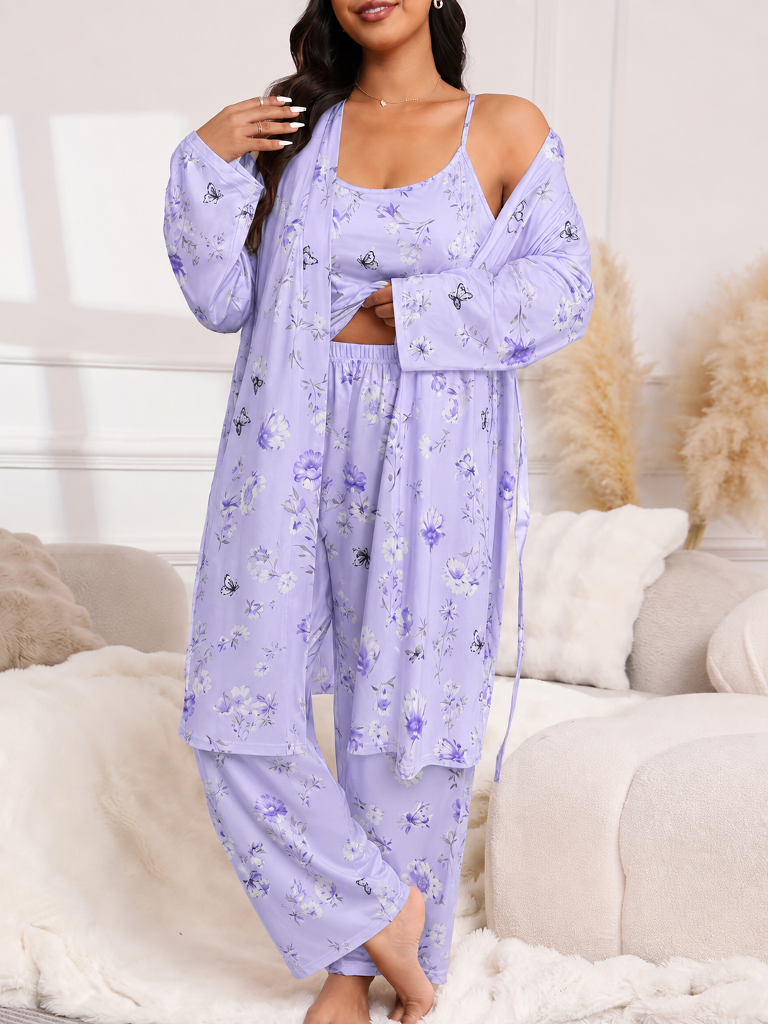 Plus Size Leopard Satin 3-Piece Sleepwear Set