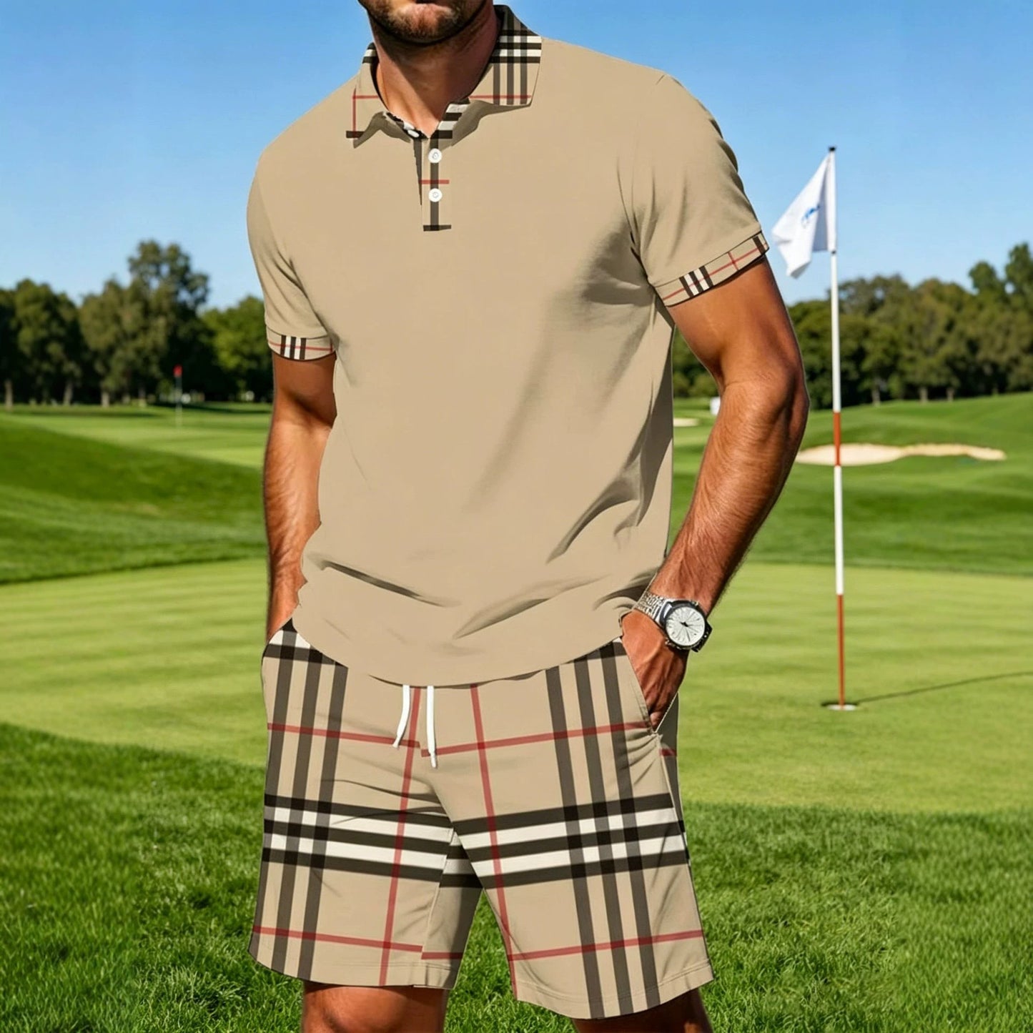 ☀️ Men's Summer Plaid Checked Patchwork Polo Shorts Set