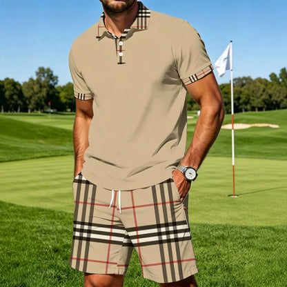 ☀️ Men's Summer Plaid Checked Patchwork Polo Shorts Set