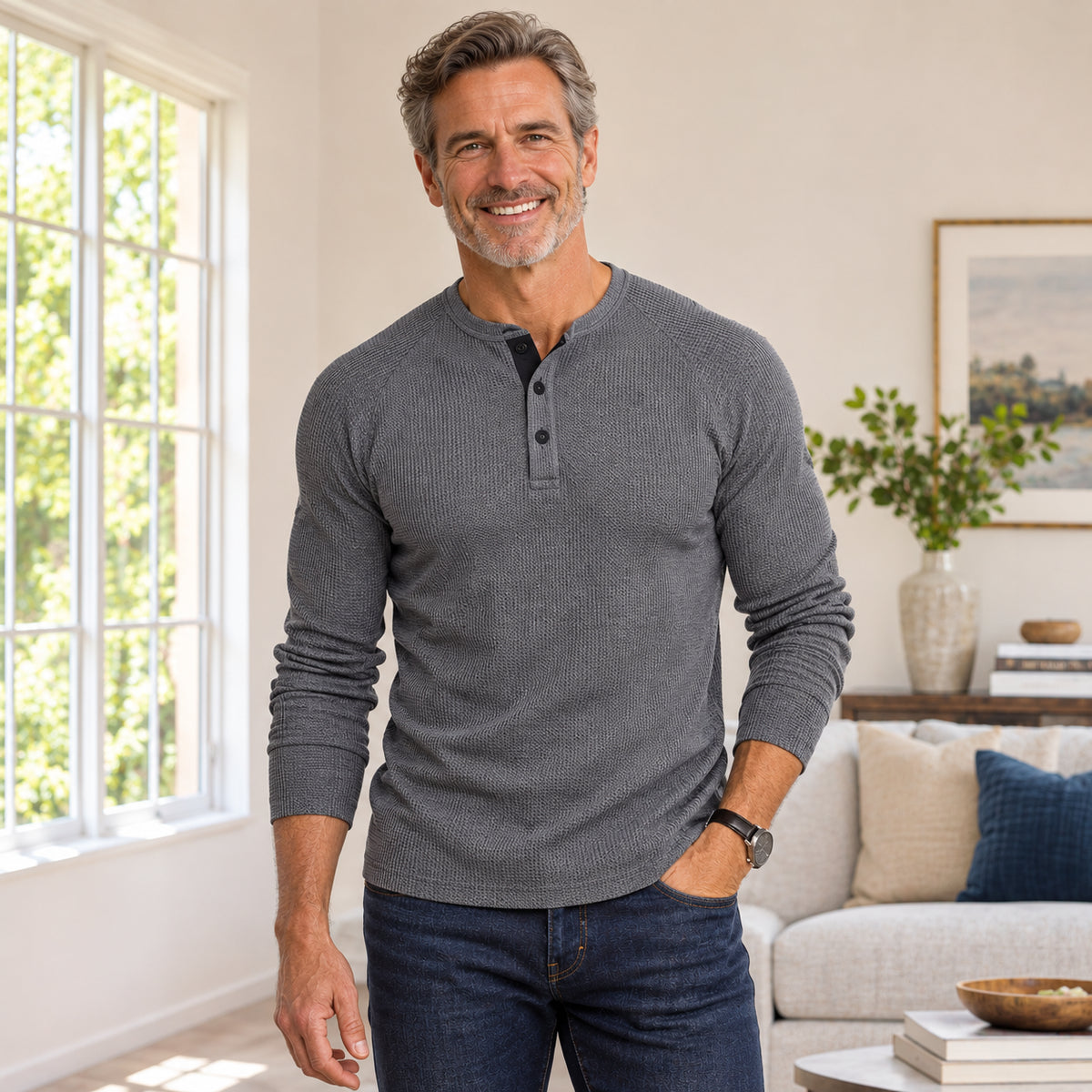 Men's Textured Henley Long Sleeve Shirt