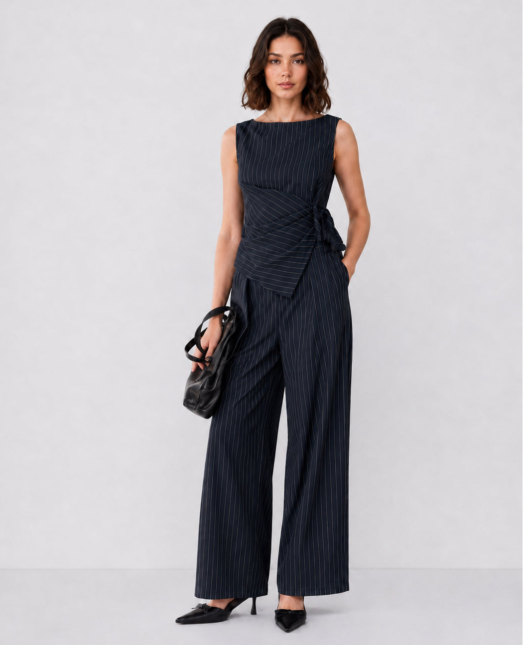2-Piece Striped Wrap Top & Straight-Leg Trousers Set