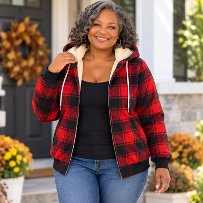 Women's Warm Fleece-Lined Plaid Hoodie