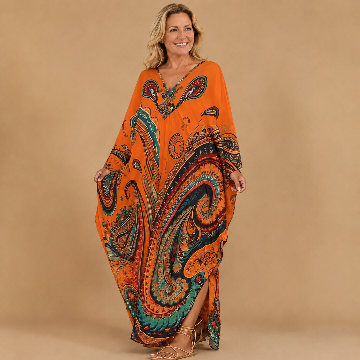 Boho Paisley Print V-Neck Kaftan Dress